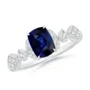 Angara Vintage Style Cushion Rectangular Blue Sapphire Engagement Ring With Leaf Motifs In White Gold/medium To Rich Blue