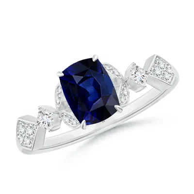 Angara Vintage Style Cushion Rectangular Blue Sapphire Engagement Ring With Leaf Motifs In Metallic