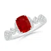 Angara Vintage Style Cushion Rectangular Ruby Engagement Ring With Leaf Motifs In White Gold/medium Red