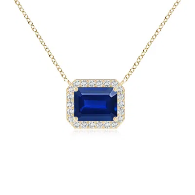 Angara Vintage Style East-west Emerald-cut Lab-grown Blue Sapphire Halo Pendant In Gold