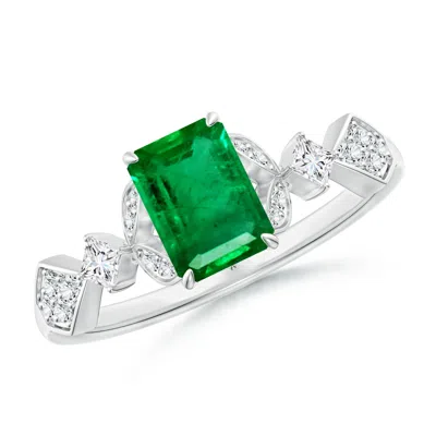 Angara Vintage Style Emerald-cut Emerald Engagement Ring With Leaf Motifs In Green