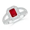 Angara Vintage Style Emerald-cut Ruby Split Shank Halo Ring In White Gold/medium Red