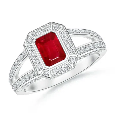 Angara Vintage Style Emerald-cut Ruby Split Shank Halo Ring In White