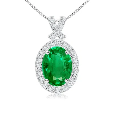 Angara Vintage Style Emerald Pendant With Diamond Halo In Metallic