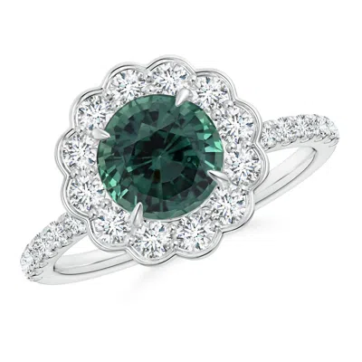 Angara Vintage Style Gia Certified Teal Montana Sapphire Flower Ring With Diamonds In Metallic