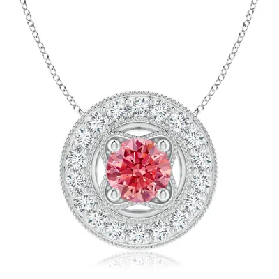 Angara Vintage Style Lab-grown Fancy Intense Pink Diamond Halo Pendant With Milgrain Detailing In Metallic