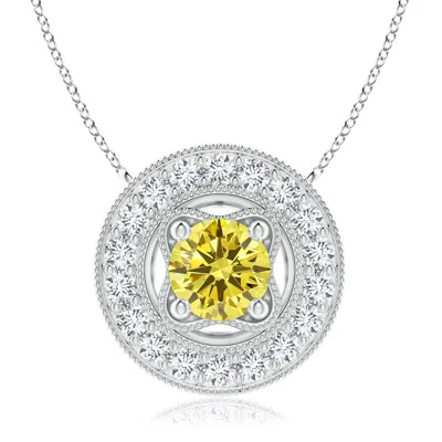 Angara Vintage Style Lab-grown Fancy Intense Yellow Diamond Halo Pendant With Milgrain Detailing In Metallic