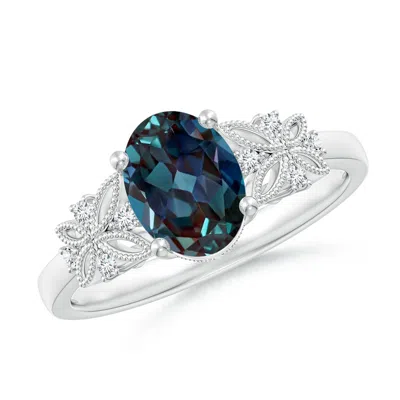 Angara Vintage Style Oval Lab-grown Alexandrite Ring With Diamonds In Blue