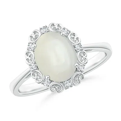Angara Vintage Style Oval Moonstone And Diamond Scroll Ring In White