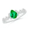 Angara Vintage Style Pear Emerald Engagement Ring With Leaf Motifs In White Gold/rich Medium Green