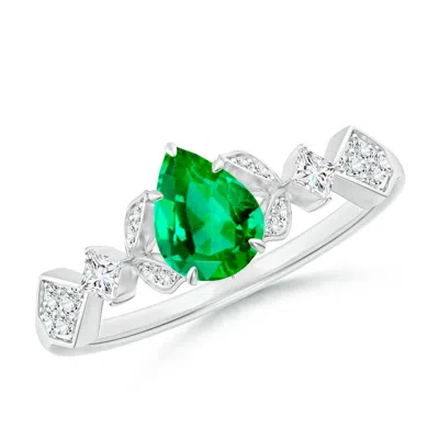 Angara Vintage Style Pear Emerald Engagement Ring With Leaf Motifs In Green