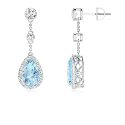 Angara Vintage Style Pear-shaped Aquamarine Halo Drop Earrings In Metallic