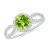 Angara Vintage Style Peridot Split Shank Ring With Diamond Halo In White Gold/yellowish Green