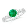Angara Vintage Style Round Emerald Engagement Ring With Leaf Motifs In White Gold/rich Medium Green