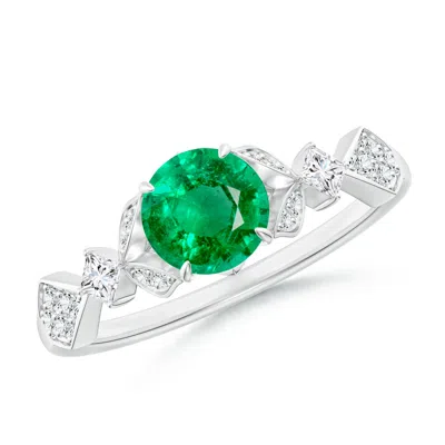 Angara Vintage Style Round Emerald Engagement Ring With Leaf Motifs In Metallic