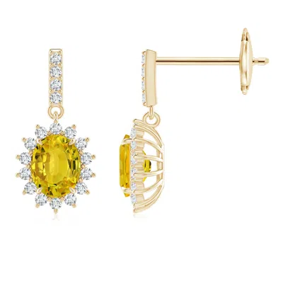 Angara Yellow Sapphire Dangle Earrings With Floral Diamond Halo In Gold