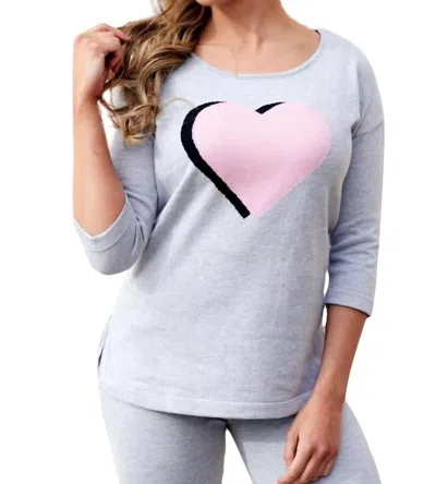 Angel 3/4 Sleeve Heart Crew Top In Gray In Purple