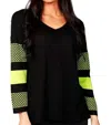 ANGEL 3/4 SLEEVE V-NECK SWEATER IN BLACK/KIWI