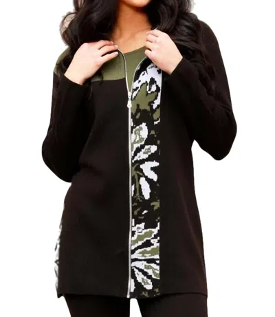 Angel Apparel Abstract Long Zip Cardigan In Black/sage In Multi