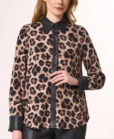 Angel Apparel Animal Print Shirt With Vegan Leather Trim In Leopard/black In Brown
