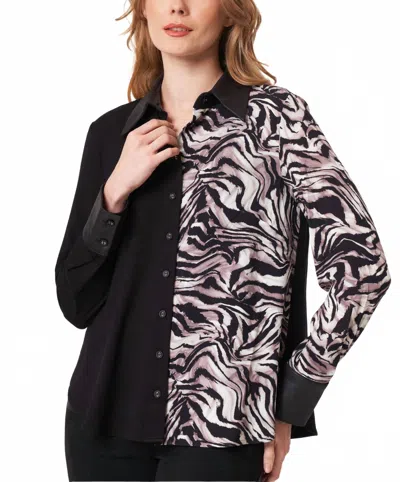 Angel Apparel Animal Print Shirt Wtih Vegan Leather Trim In Black/zebra In Brown