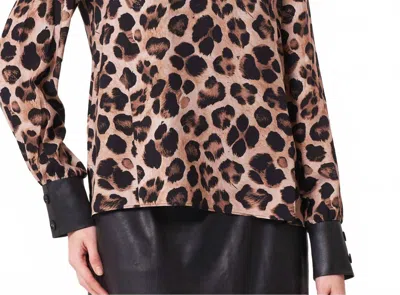 Angel Apparel Animal Print Top With Vegan Leather Trim In Leopard/black In Brown