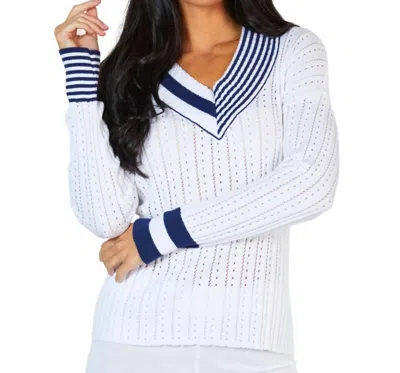 Angel Apparel Braided V-neck Sweater In White/navy