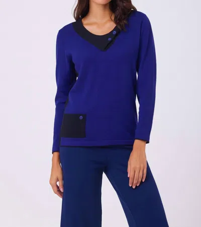 Angel Apparel Button Cowl Neck Pullover In Cobalt/black In Blue