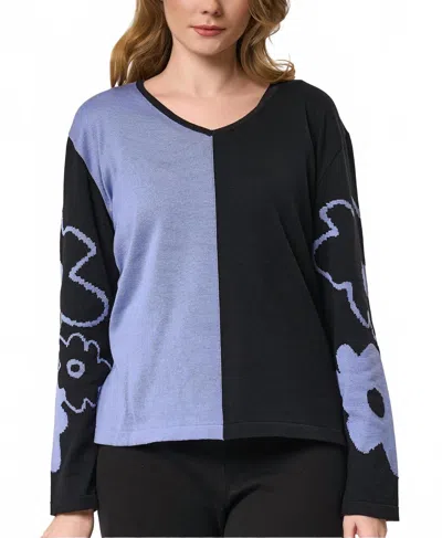 Angel Apparel Color Block And Floral Knit Top In Black/denim In Multi