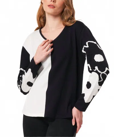 Angel Apparel Color Block And Floral Knit Top In Black/ivory In Multi