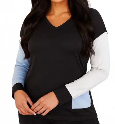 Angel Apparel Color Block V-neck Top With Pocket In Coal Combo In Black