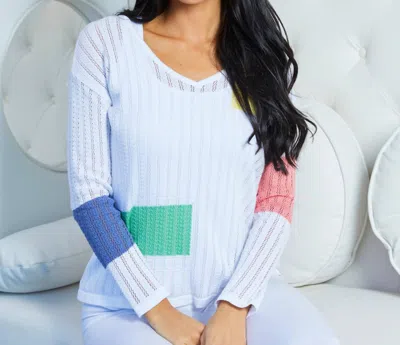 Angel Apparel Color Block V-neck Top In White Multi