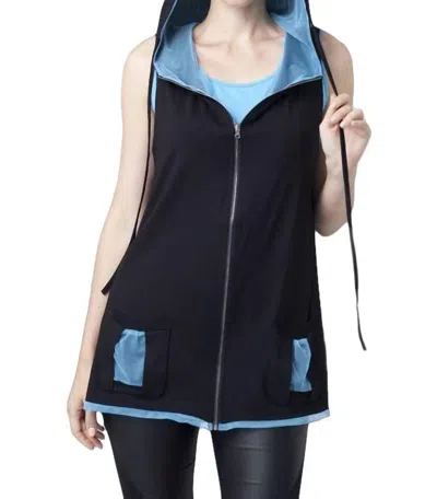 Angel Apparel Contrast Hooded Zip Vest In Black/turquoise In Blue