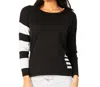 ANGEL APPAREL CREW NECK STRIPE ARM & POCKET TOP IN BLACK