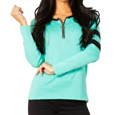 Angel Apparel Crew Stripe Zip Detail Top In Mint In Blue