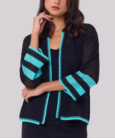 Angel Apparel Crochet Long Sleeves Cardigan In Black/mint In Animal Print