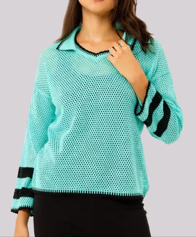 Angel Apparel Crochet Long Sleeves Top In Mint/black In Blue