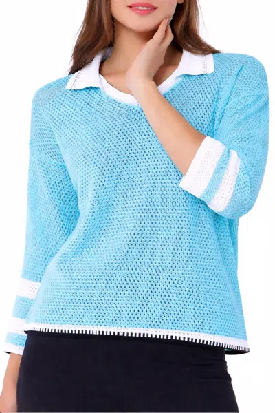 Angel Apparel Crochet Long Sleeves Top In Turq/white In Blue