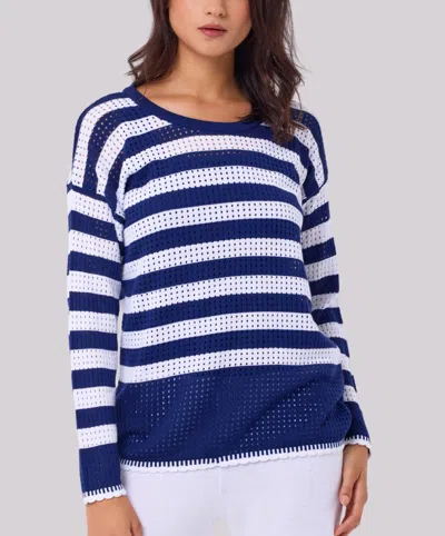 Angel Apparel Crochet Stripe Top In White/navy In Multi