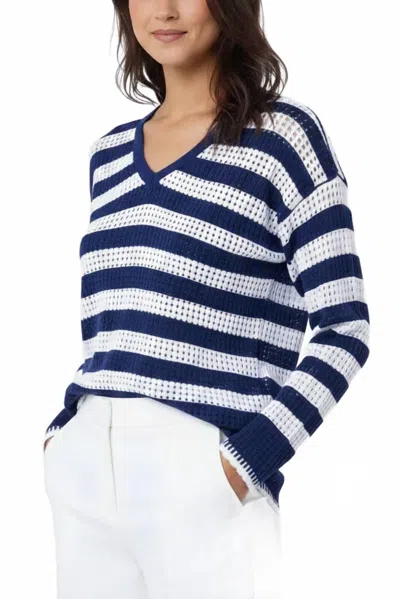 Angel Apparel Crochet Stripe V-neck Top In White/navy In Multi