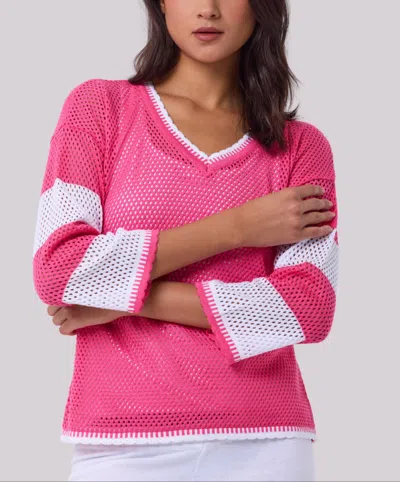 Angel Apparel Crochet V-neck Top In Petal/white In Multi