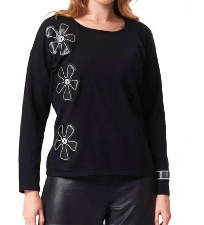 Angel Apparel Knit Top With Faux Leather Floral Detail In Black In Multi