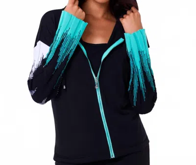 Angel Apparel Knit Zip Up Hoodie With Ribbed Sleeves In Black/turquoise