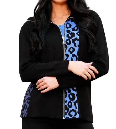 Angel Apparel Leopard Zip Cardigan In Black/periwinkle
