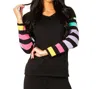 ANGEL APPAREL MULTI STRIPE V-NECK TOP IN BLACK