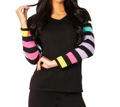 Angel Apparel Multi Stripe V-neck Top In Black