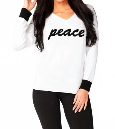 Angel Apparel Peace V-neck Long Sleeve Top In Whiteblack