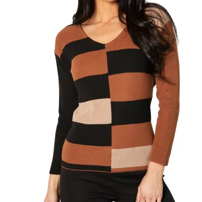 Angel Apparel Ribbed V-neck Sweater In Black/mocha In Brown