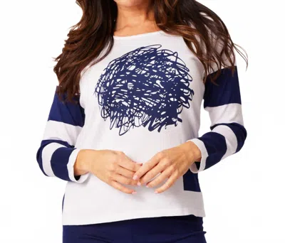 Angel Apparel Scoop Neck Long Sleeve Top In White/navy In Blue