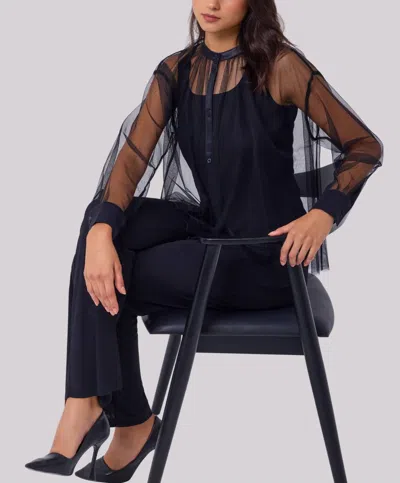 Angel Apparel Sheer Long Sleeves Blouse In Black In Blue